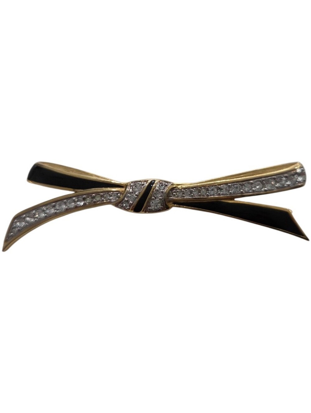 Vintage Black Enamel Gold Bow Brooch Rhinestone 80s Ribbon Pin Coquette